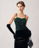 Sueña™ Yeşil Kalp Yaka Kadife Crop Cami Üst