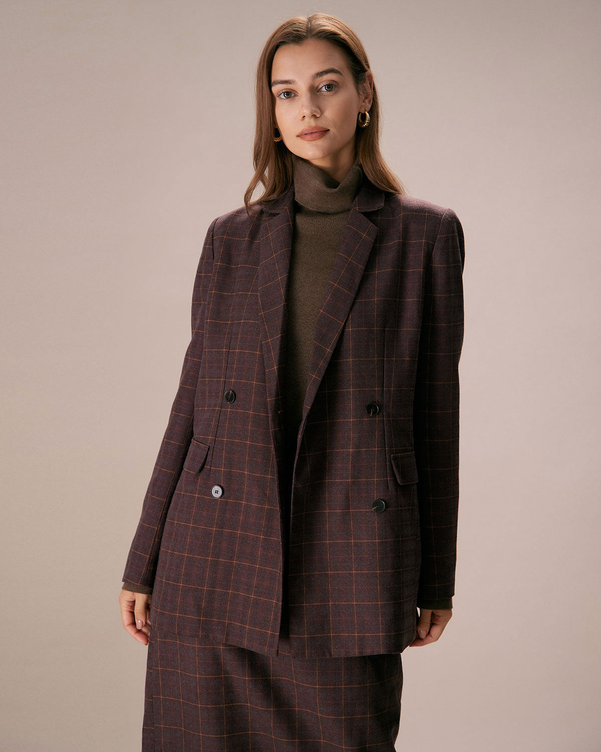 Sueña™ Kahve Yaka Kruvaze Ekose Blazer