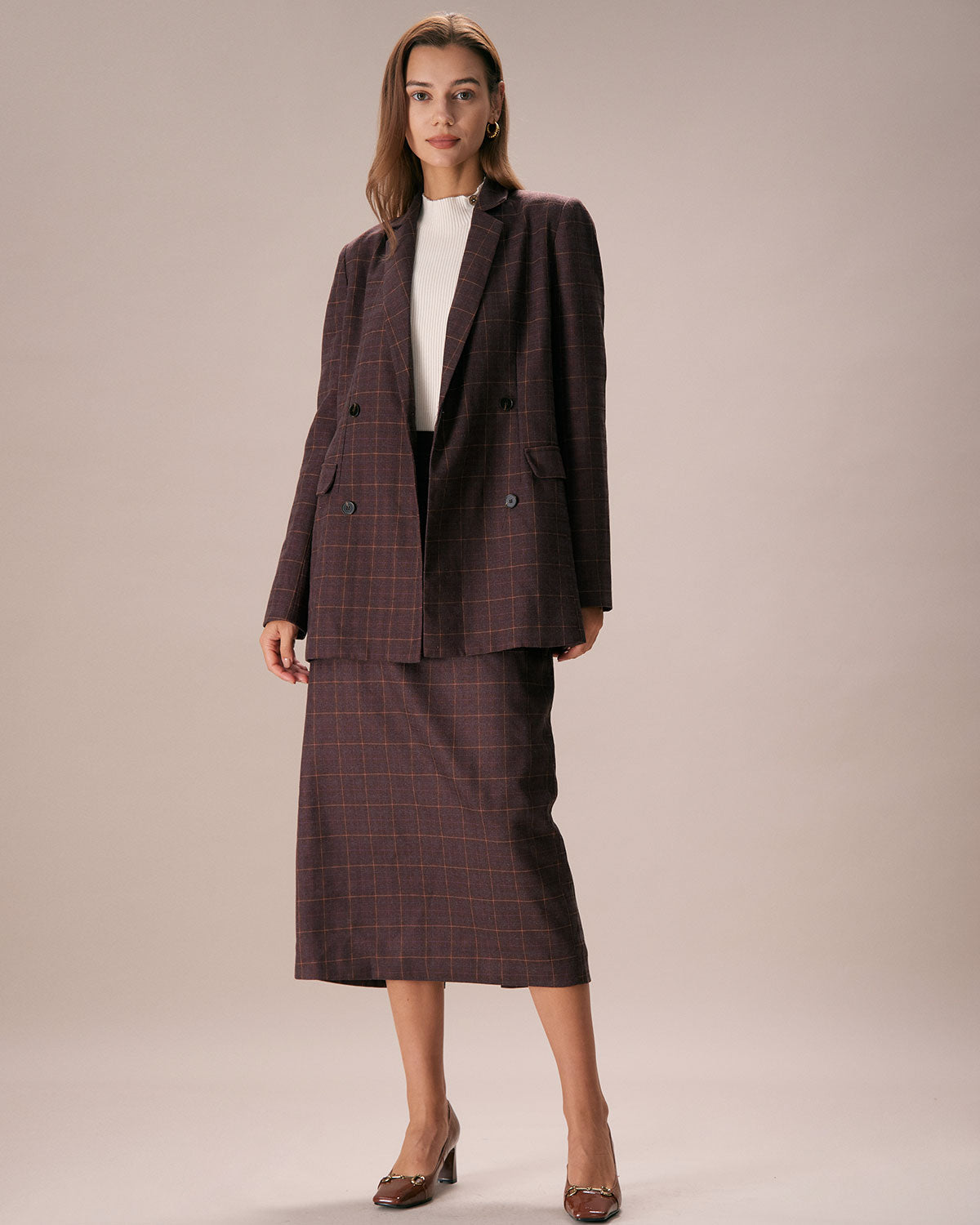 Sueña™ Kahve Yaka Kruvaze Ekose Blazer