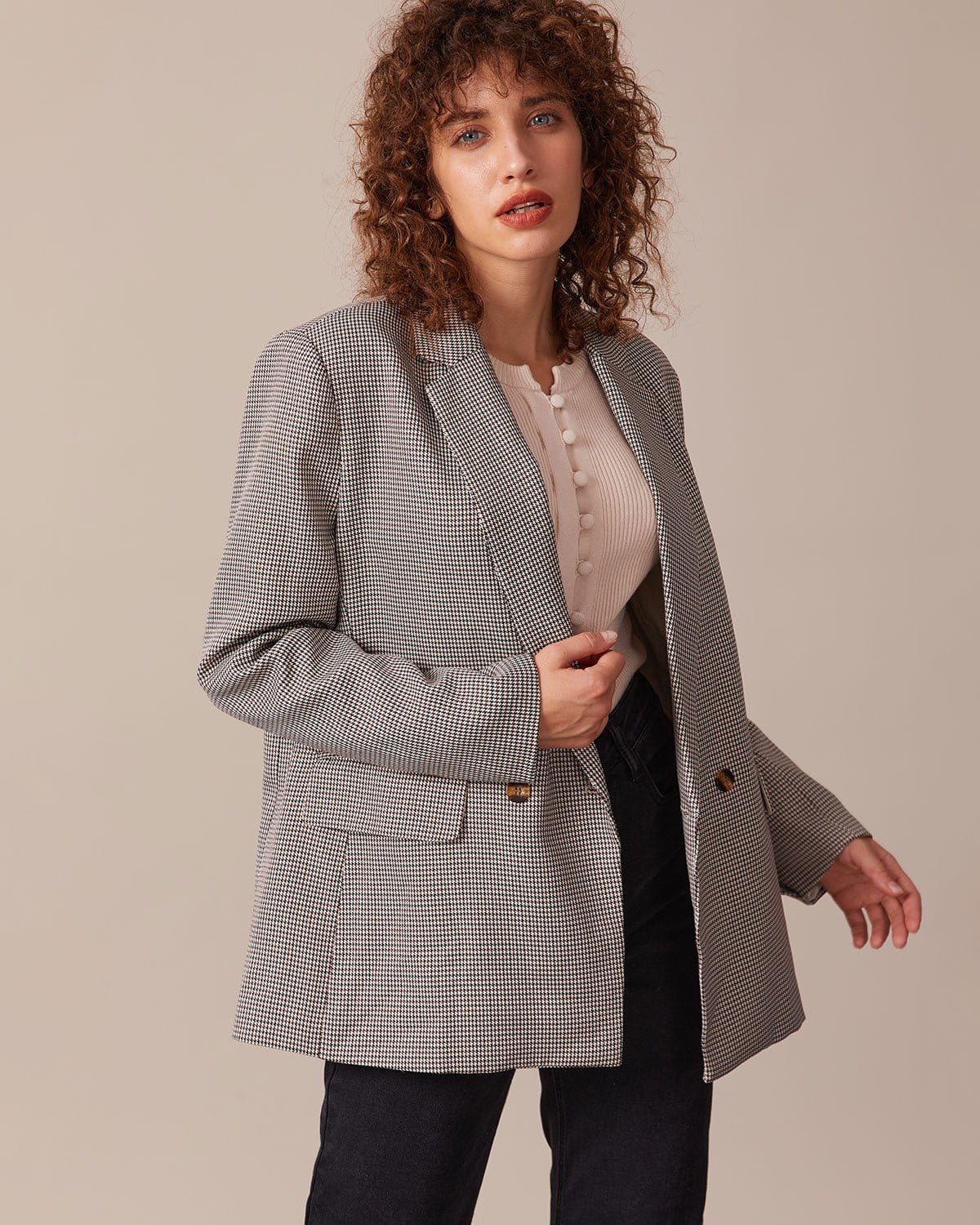 Sueña™ Kahve Yaka Kazayağı Düğmeli Blazer