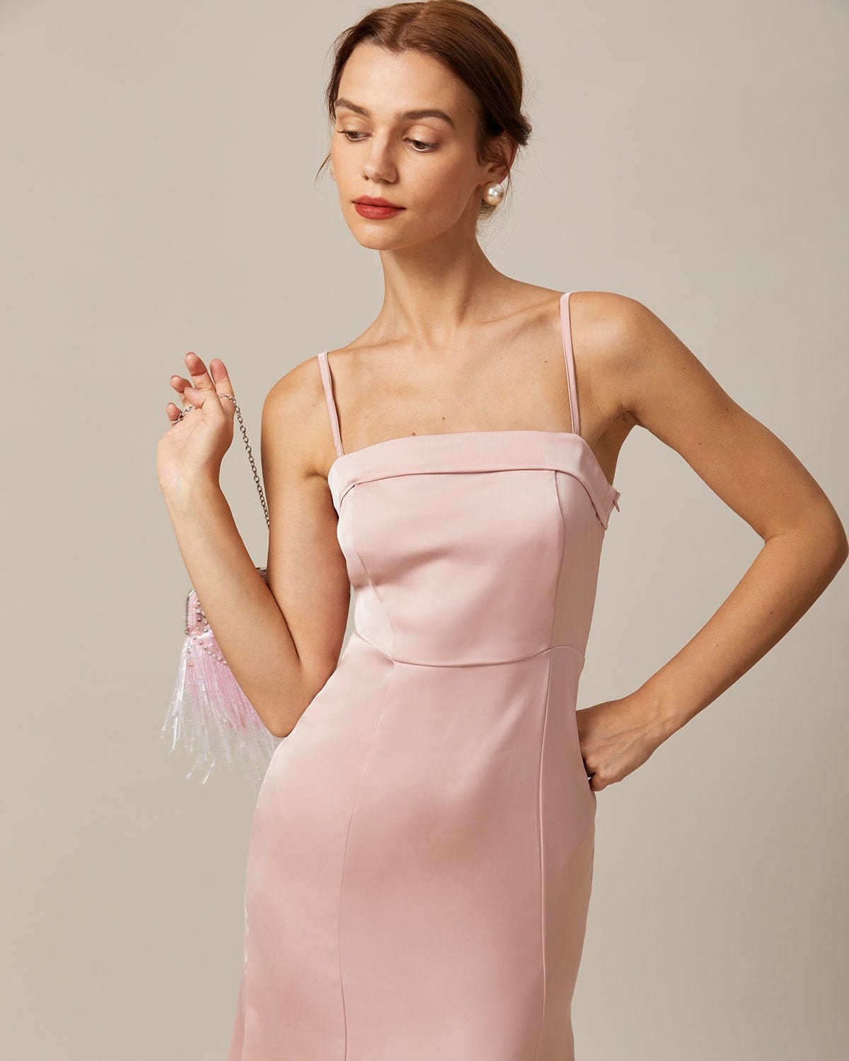 Sueña Pembe Bodycon Saten Cami Midi Elbise