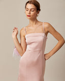 Sueña Pembe Bodycon Saten Cami Midi Elbise