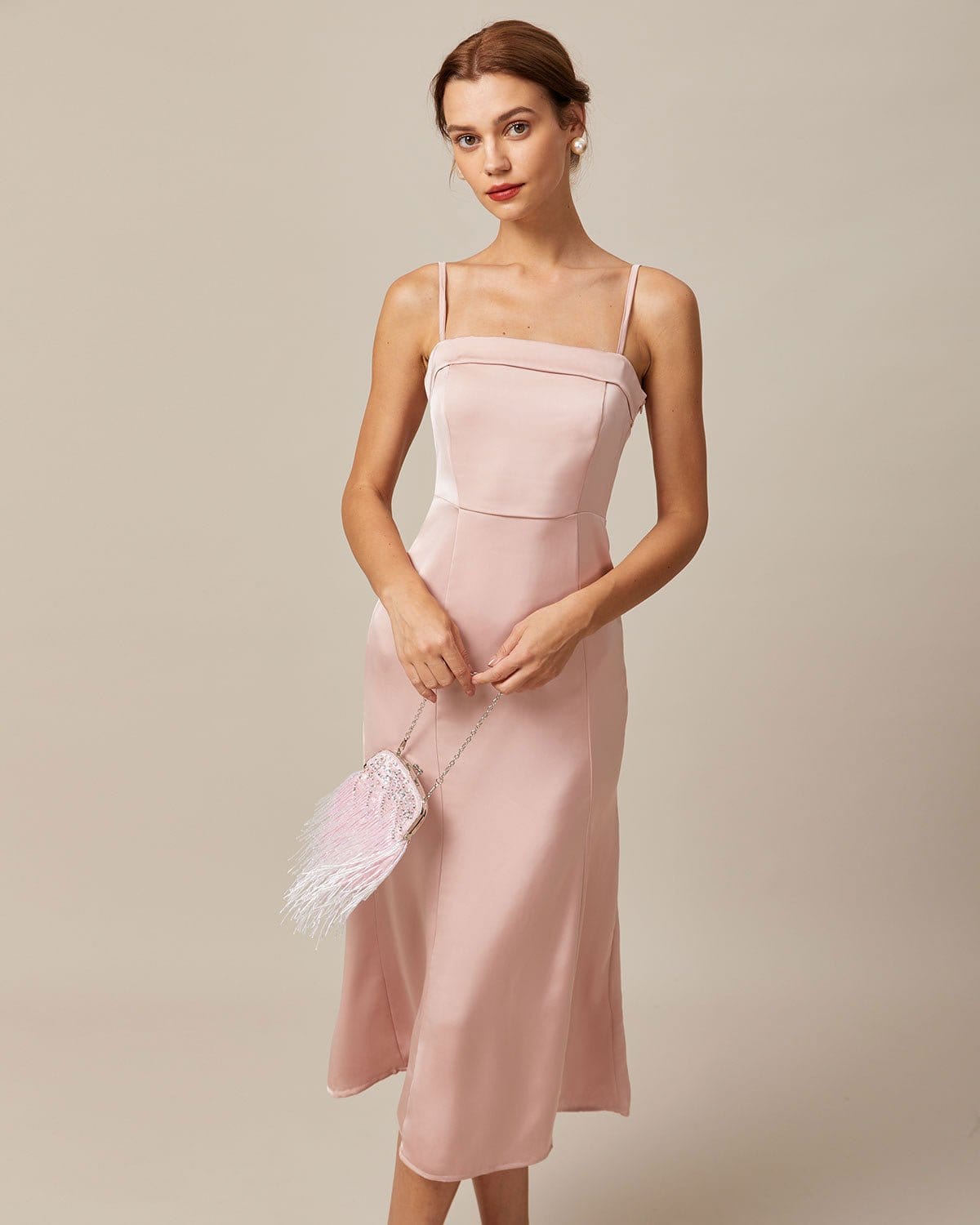 Sueña Pembe Bodycon Saten Cami Midi Elbise