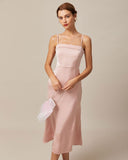 Sueña Pembe Bodycon Saten Cami Midi Elbise
