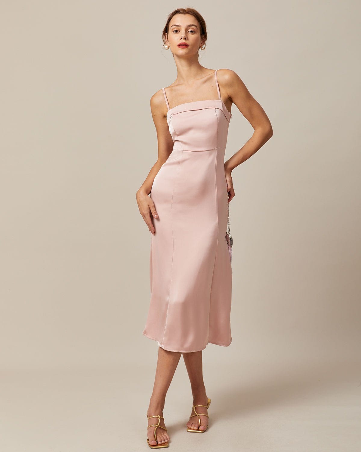 Sueña Pembe Bodycon Saten Cami Midi Elbise