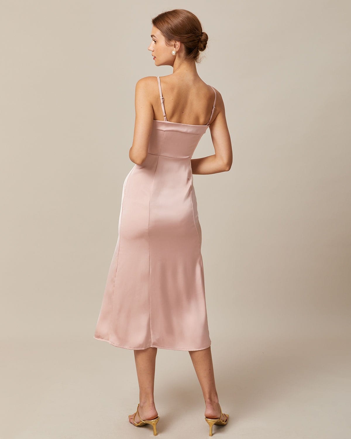 Sueña Pembe Bodycon Saten Cami Midi Elbise