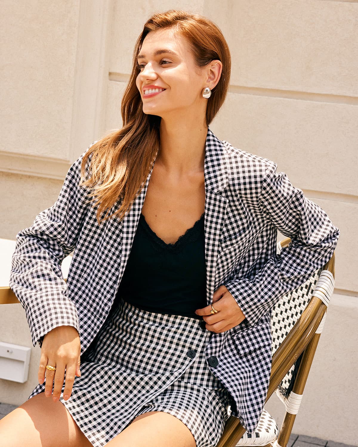 Sueña™ Siyah Yaka Ekose Tek Sıra Düğmeli Blazer