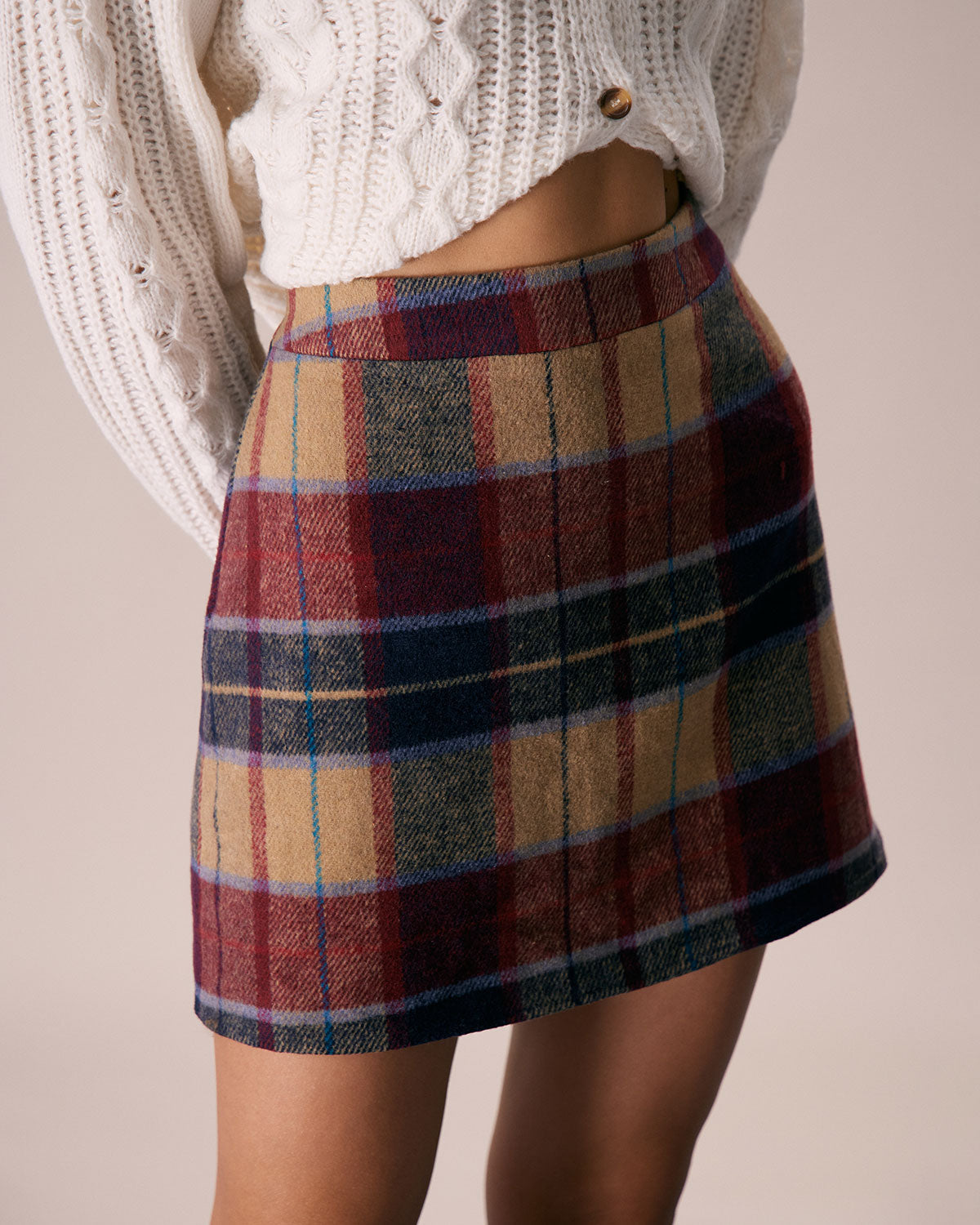Kırmızı Ekose Fermuarlı Tweed Mini Etek