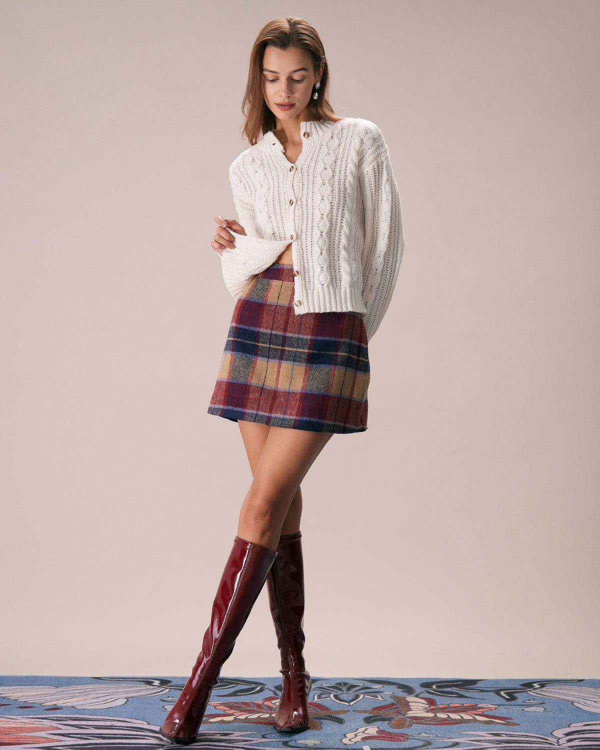 Kırmızı Ekose Fermuarlı Tweed Mini Etek