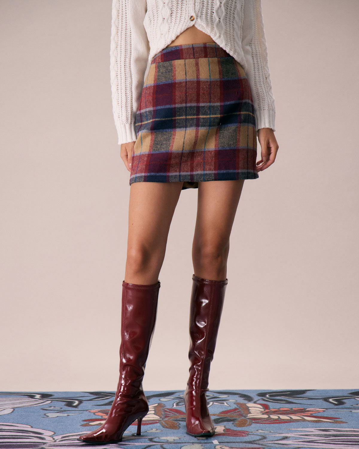 Kırmızı Ekose Fermuarlı Tweed Mini Etek