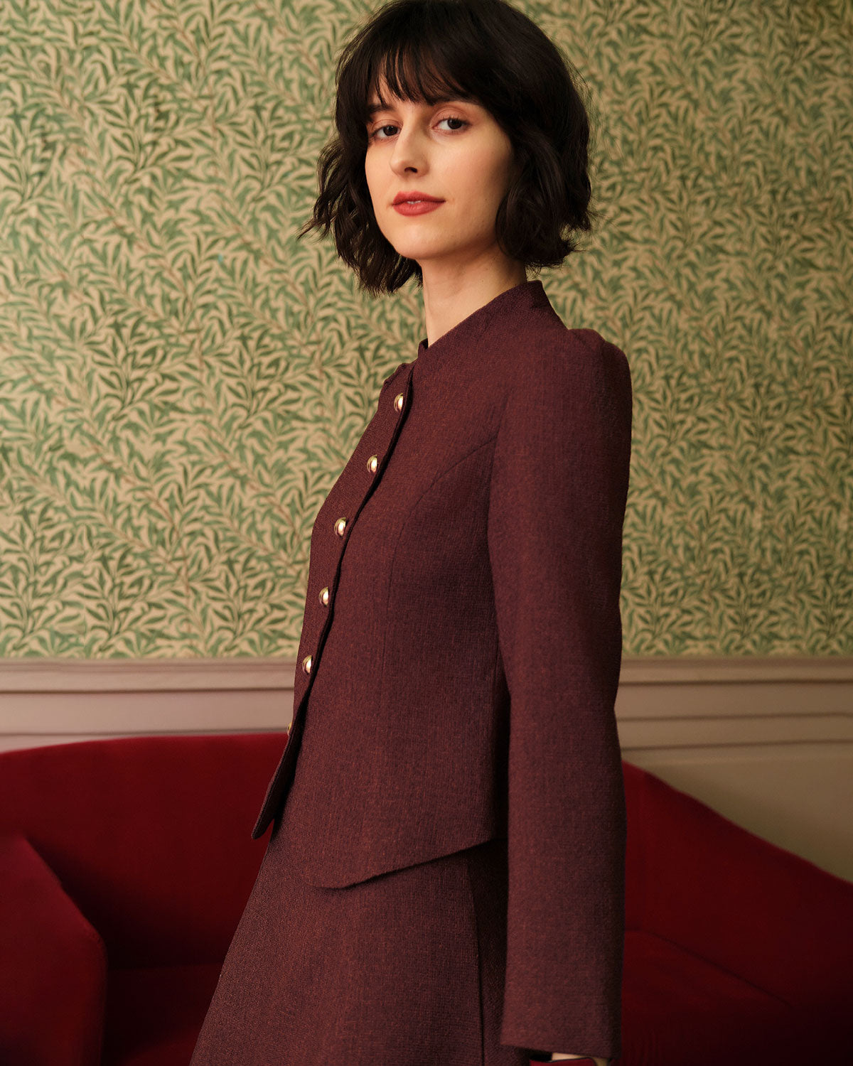 Sueña™ Bordo Retro Tek Sıra Düğmeli Tüvit Ceket