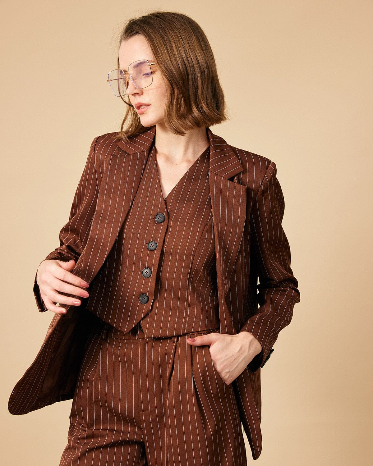 Sueña™ Kahverengi Çizgili Tek Düğme Yakalı Blazer