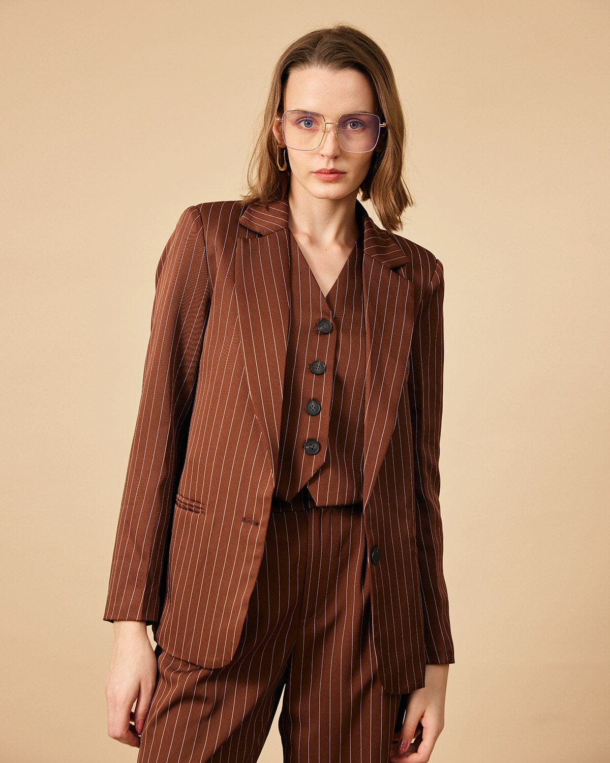 Sueña™ Kahverengi Çizgili Tek Düğme Yakalı Blazer