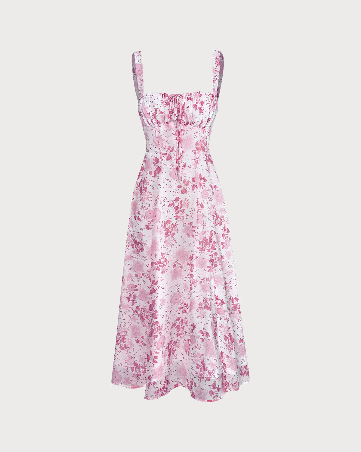 Sueña™ Pembe Kare Yaka Çiçek Dantelli Midi Elbise