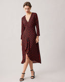 Kırmızı V Yakalı Yırtmaçlı Uzun Kollu Midi Elbise