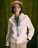 Bej V Yakalı Eklenmiş Teddy Sweatshirt