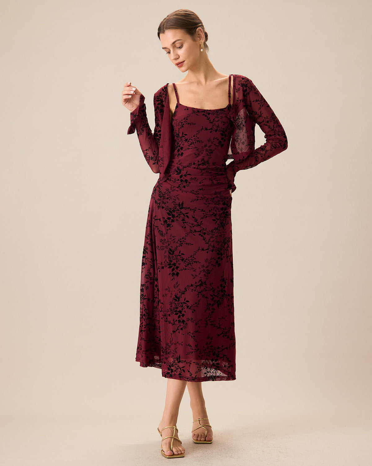 Sueña Kırmızı Çiçekli Bodycon Slip Midi Elbise