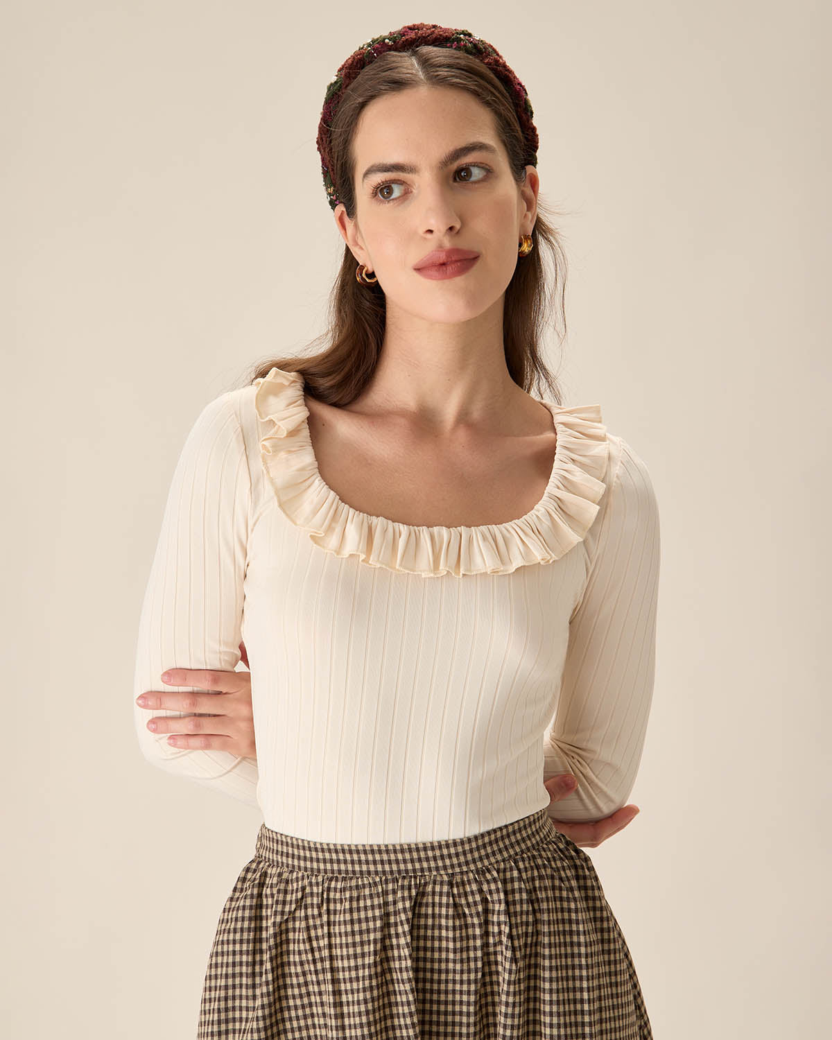 Sueña™ Bej Fırfırlı Slim Tişört