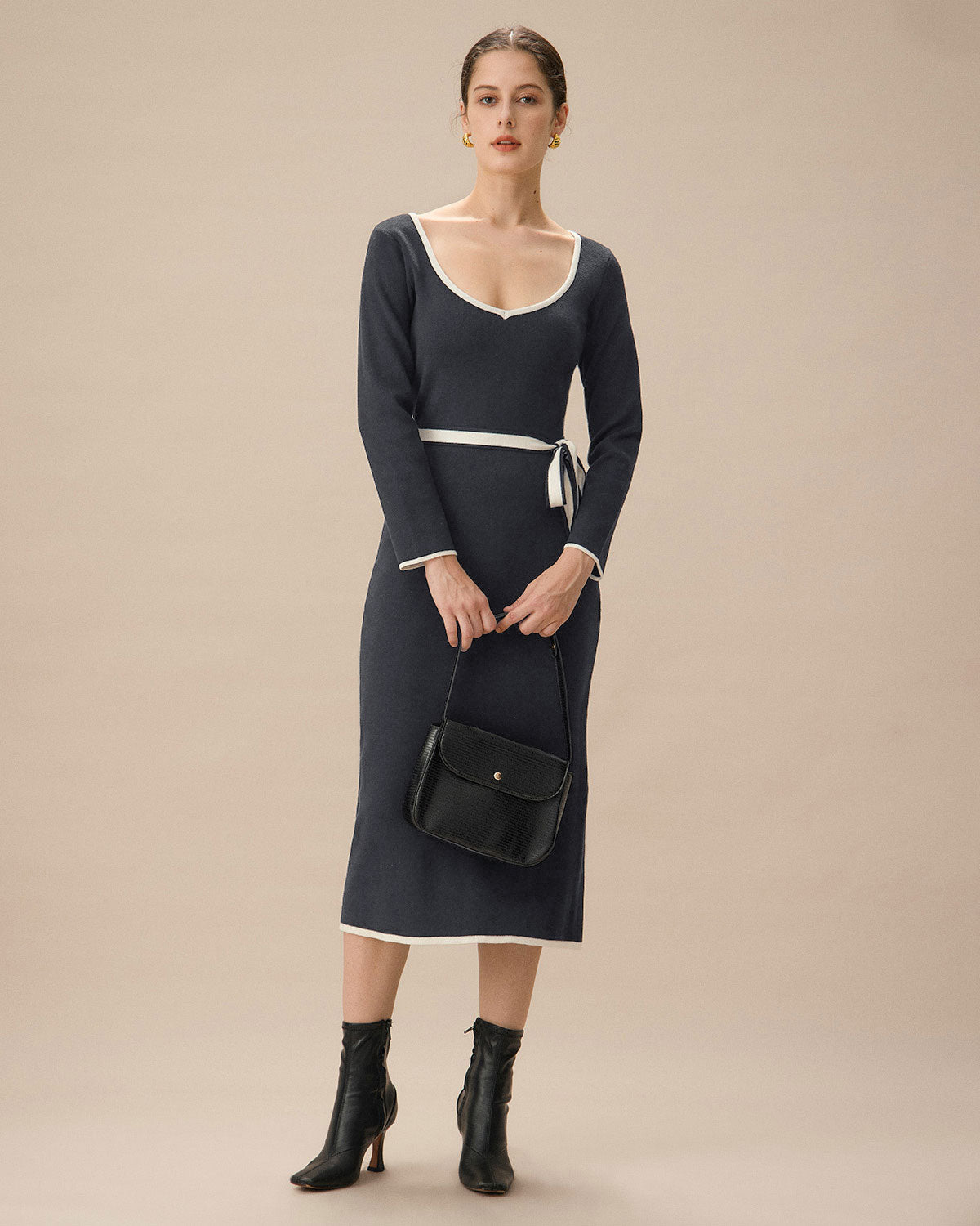 Sueña™ Gri Kontrast Kravatlı Bodycon Kazak Elbise