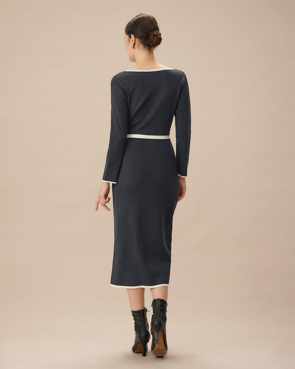 Sueña™ Gri Kontrast Kravatlı Bodycon Kazak Elbise