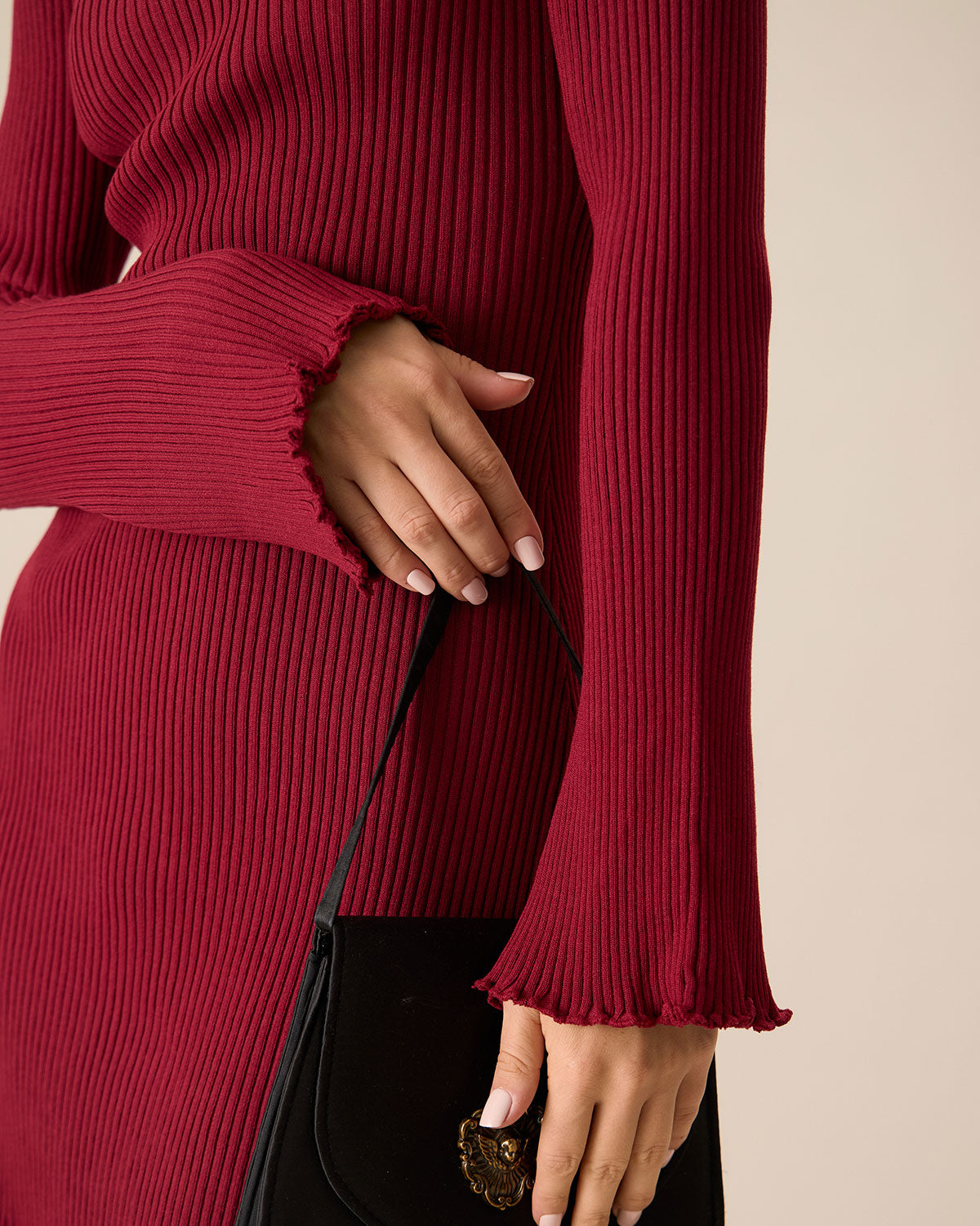 Sueña™ Kadın Kırmızı Zil Kol Bodycon Kazak Elbise