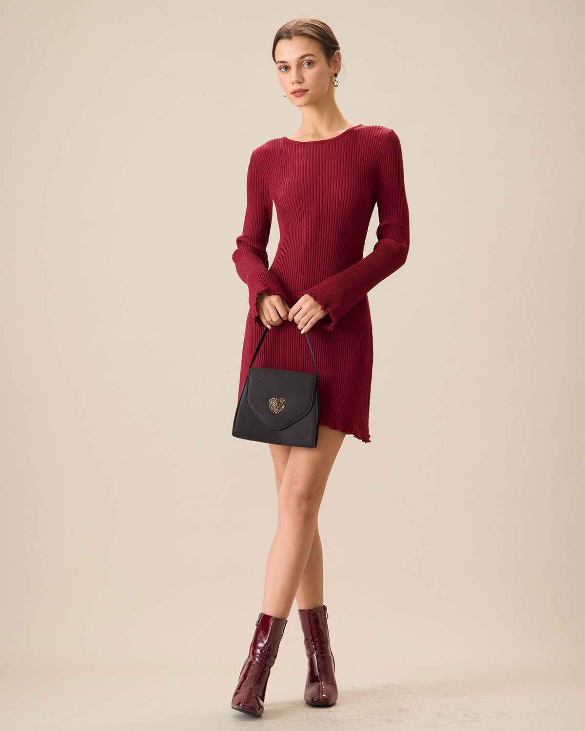 Sueña™ Kadın Kırmızı Zil Kol Bodycon Kazak Elbise