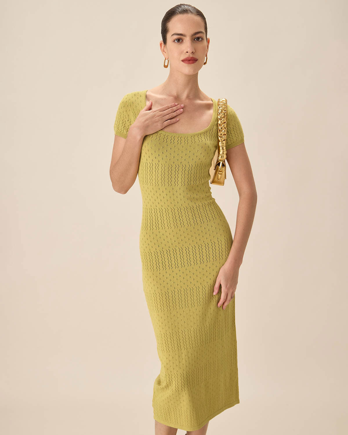 Sueña™ Yeşil Kare Yaka Bodycon Midi Elbise