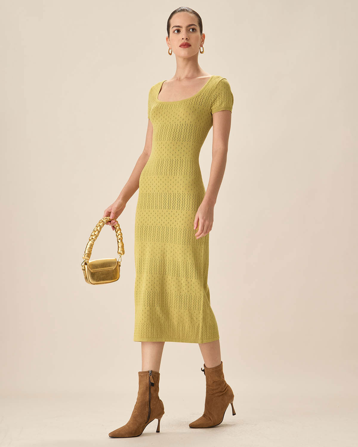 Sueña™ Yeşil Kare Yaka Bodycon Midi Elbise