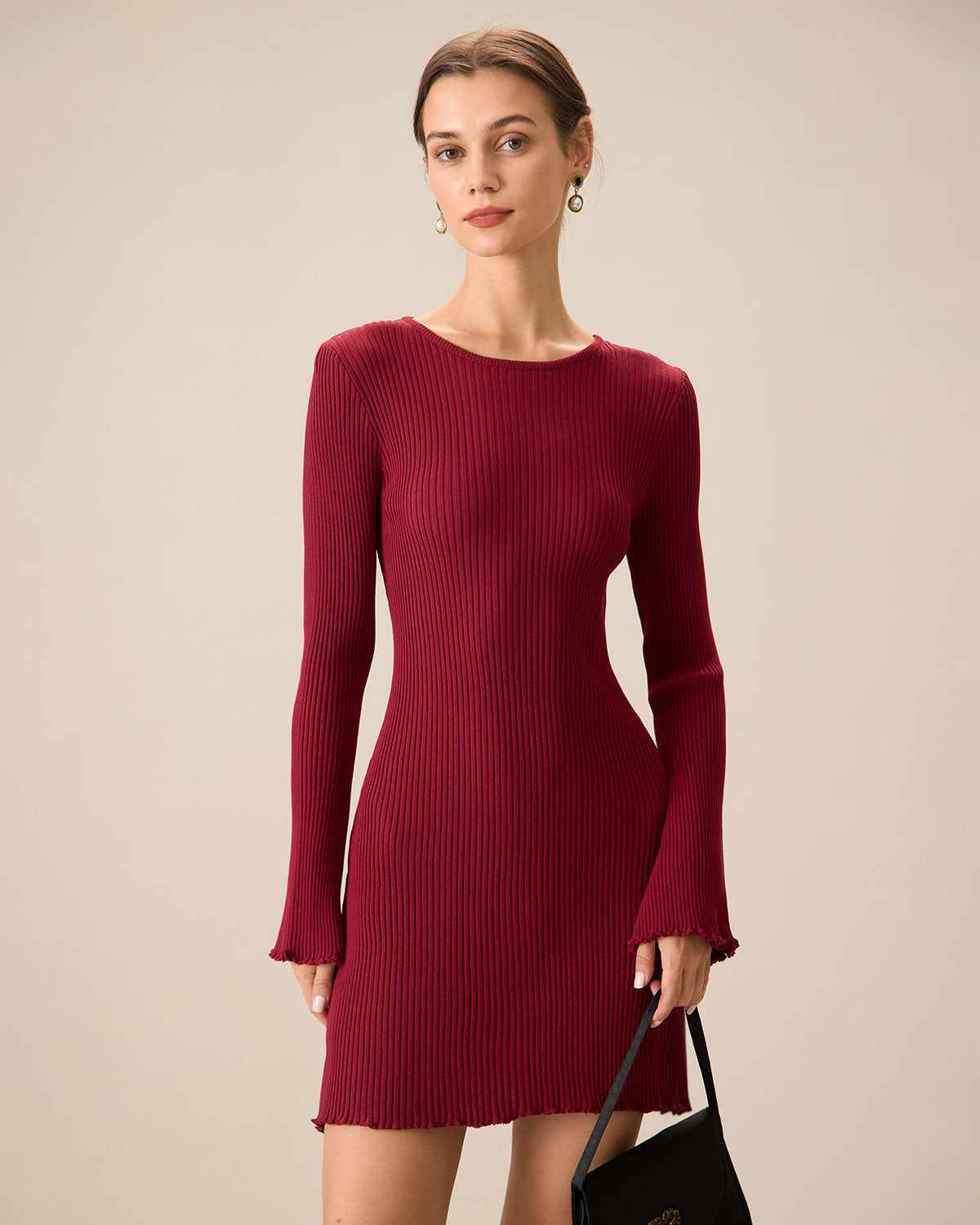 Sueña™ Kadın Kırmızı Zil Kol Bodycon Kazak Elbise