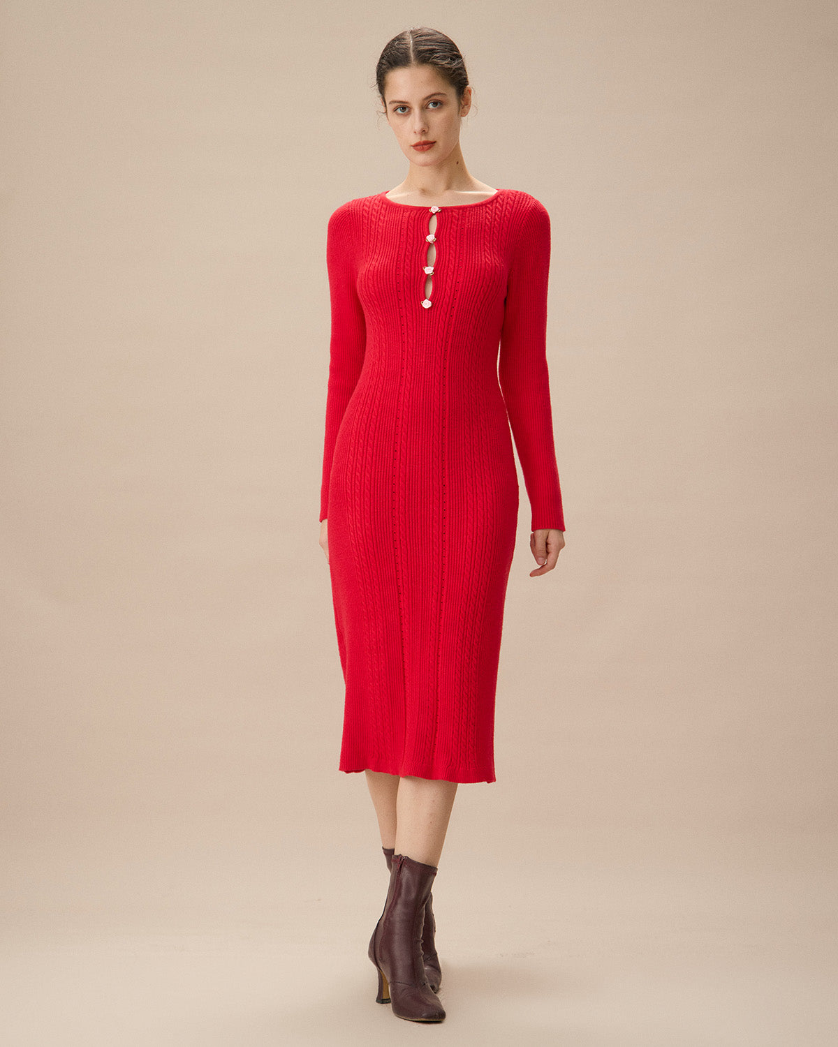 Sueña™ Kırmızı Dekolteli Bodycon Kazak Elbise