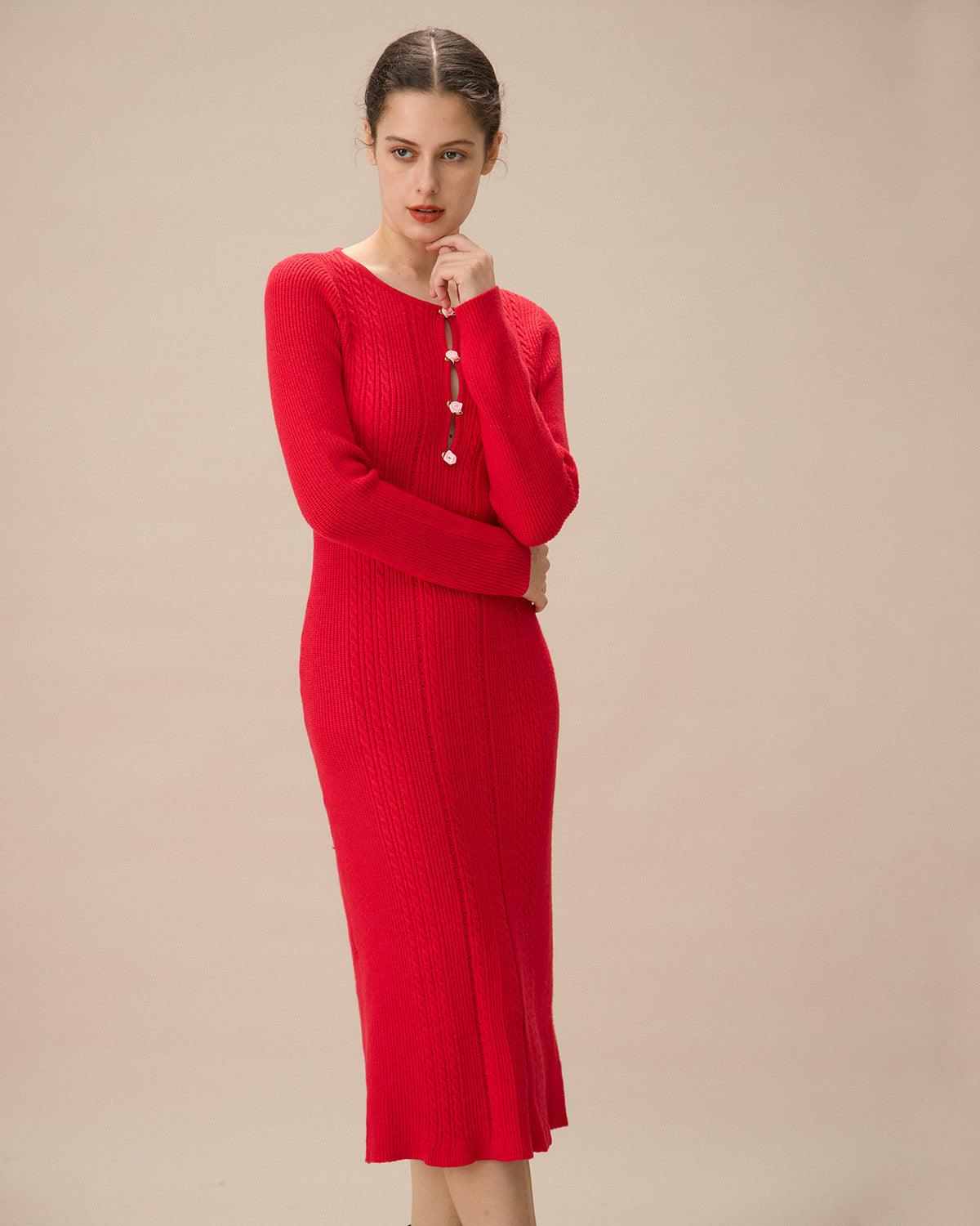 Sueña™ Kırmızı Dekolteli Bodycon Kazak Elbise