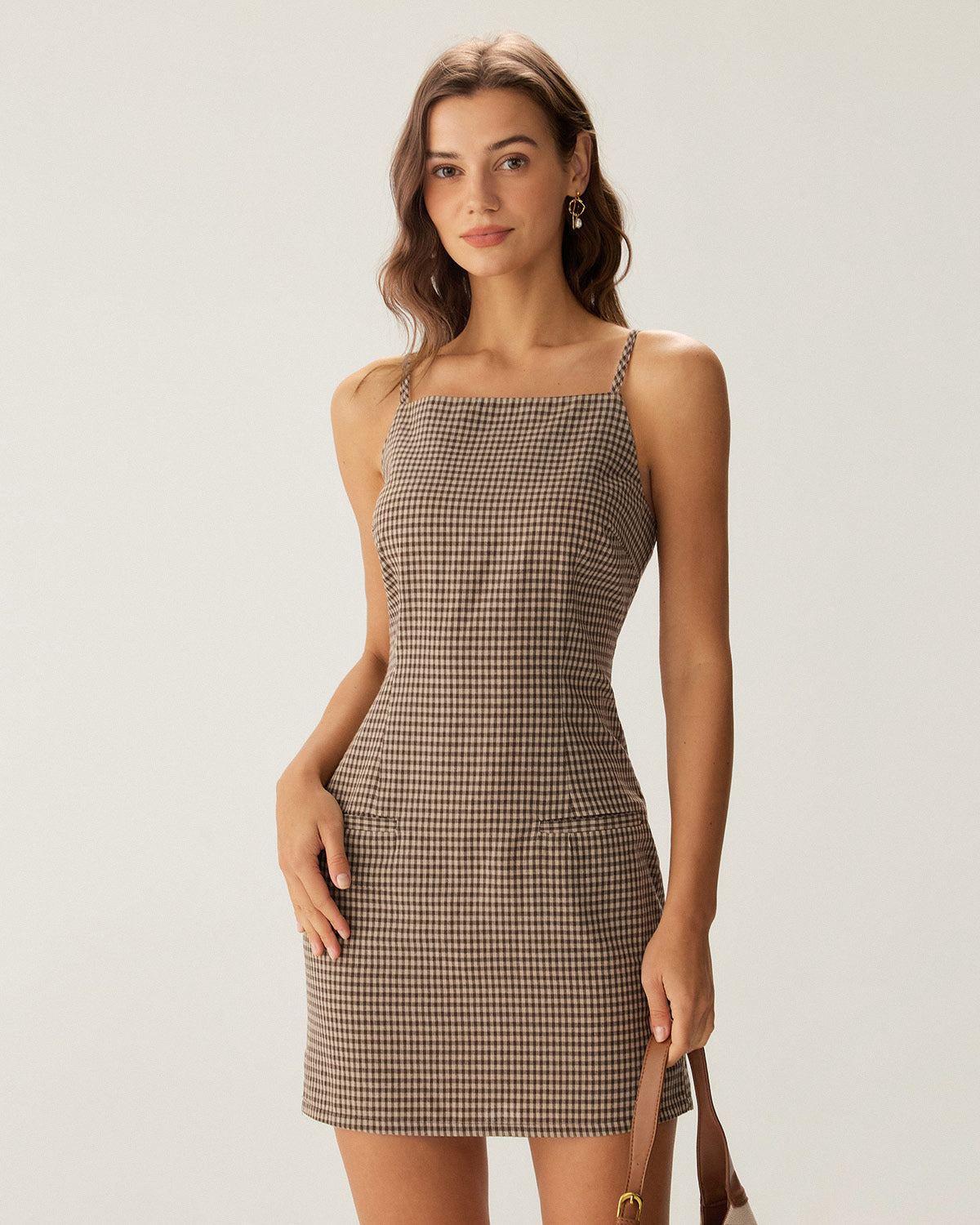Sueña™ Kahverengi Ekose Slip Mini Elbise