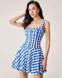 Sueña™ Mavi Ekose Slip Mini Elbise