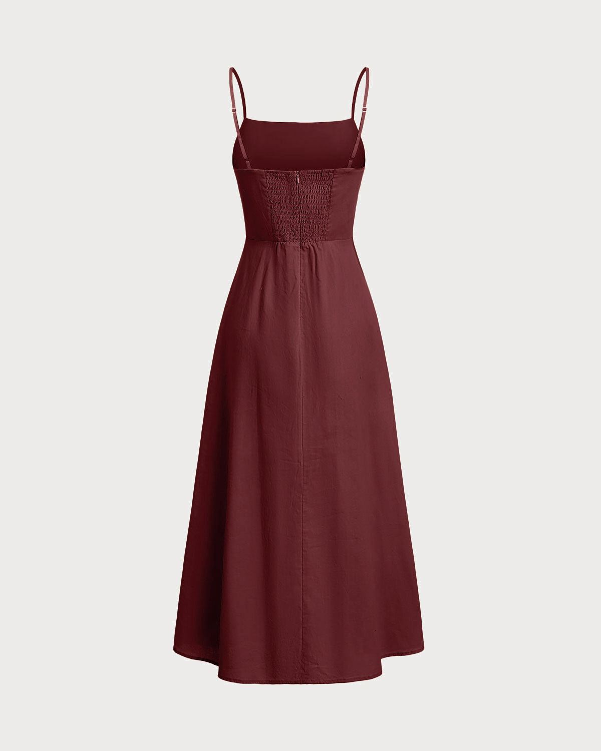 Sueña™ Şarap Kırmızısı Kare Yaka Büzgülü Slip Midi Elbise