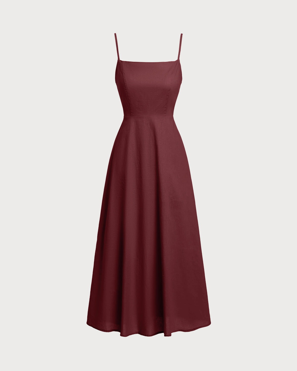 Sueña™ Şarap Kırmızısı Kare Yaka Büzgülü Slip Midi Elbise