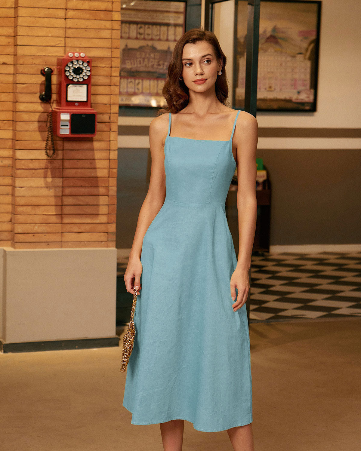 Sueña™ Mavi Kare Yaka Büzgülü Slip Midi Elbise