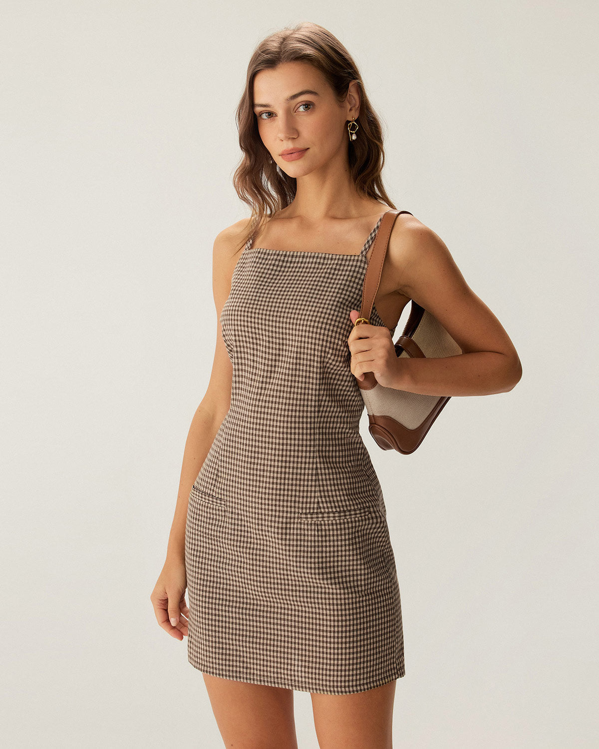 Sueña™ Kahverengi Ekose Slip Mini Elbise