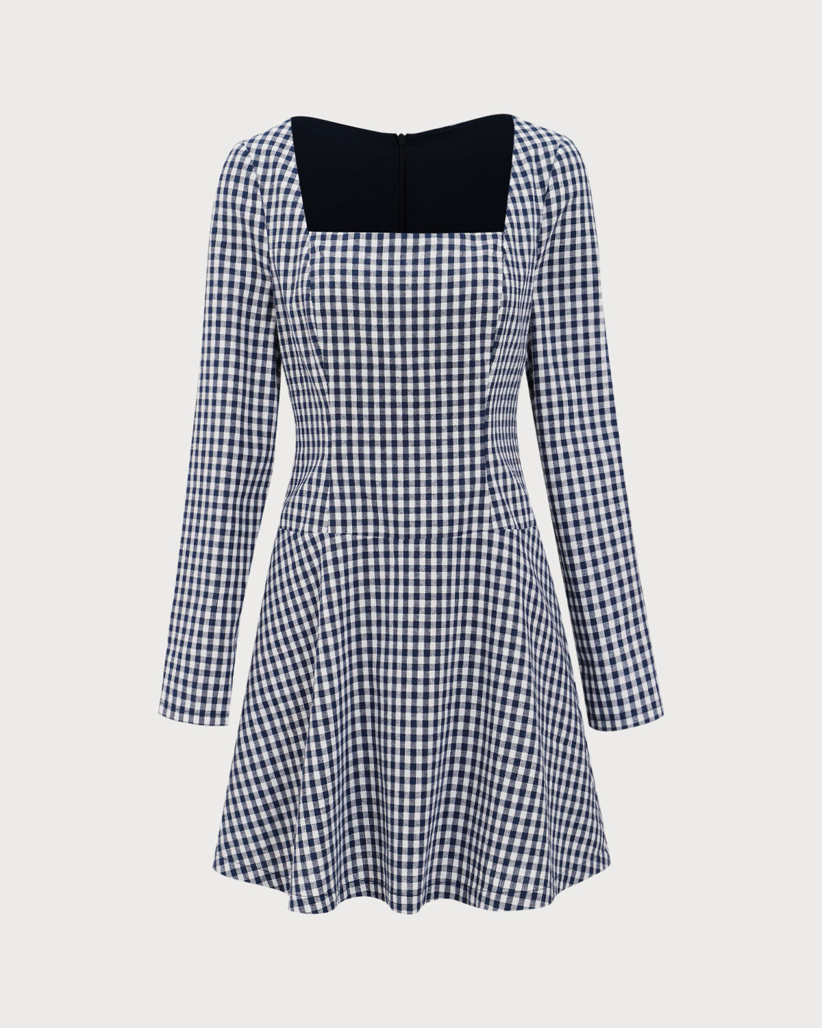 Sueña™ Lacivert Kare Yaka Ekose Mini Elbise