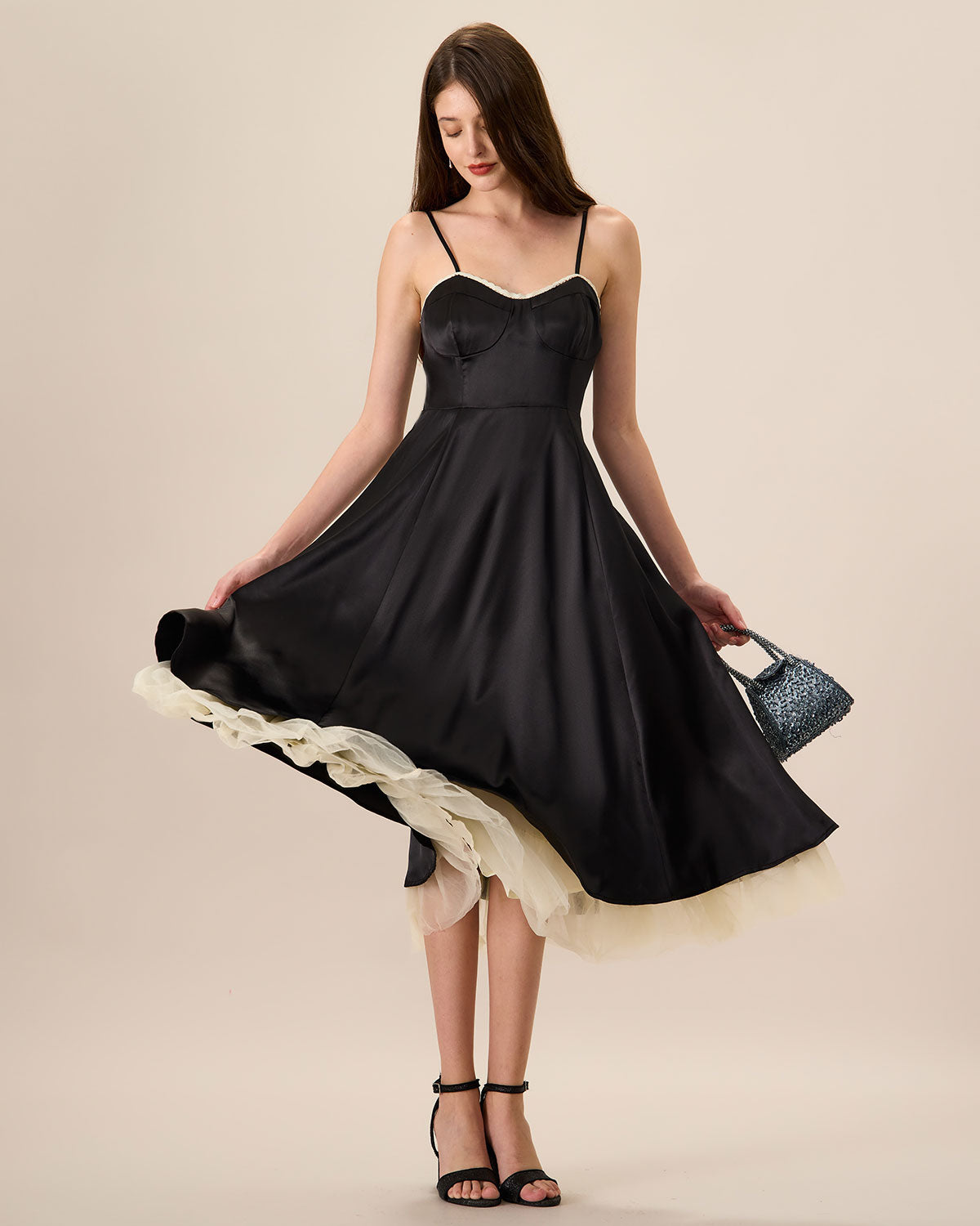 Sueña™ Kadın Siyah Ekleme Saten Slip Midi Elbise