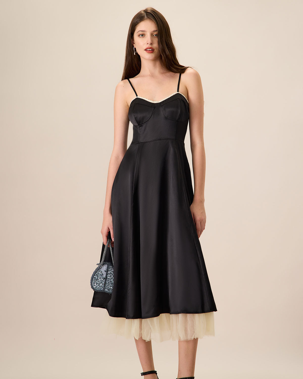 Sueña™ Kadın Siyah Ekleme Saten Slip Midi Elbise