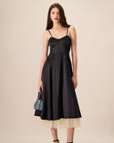 Sueña™ Kadın Siyah Ekleme Saten Slip Midi Elbise