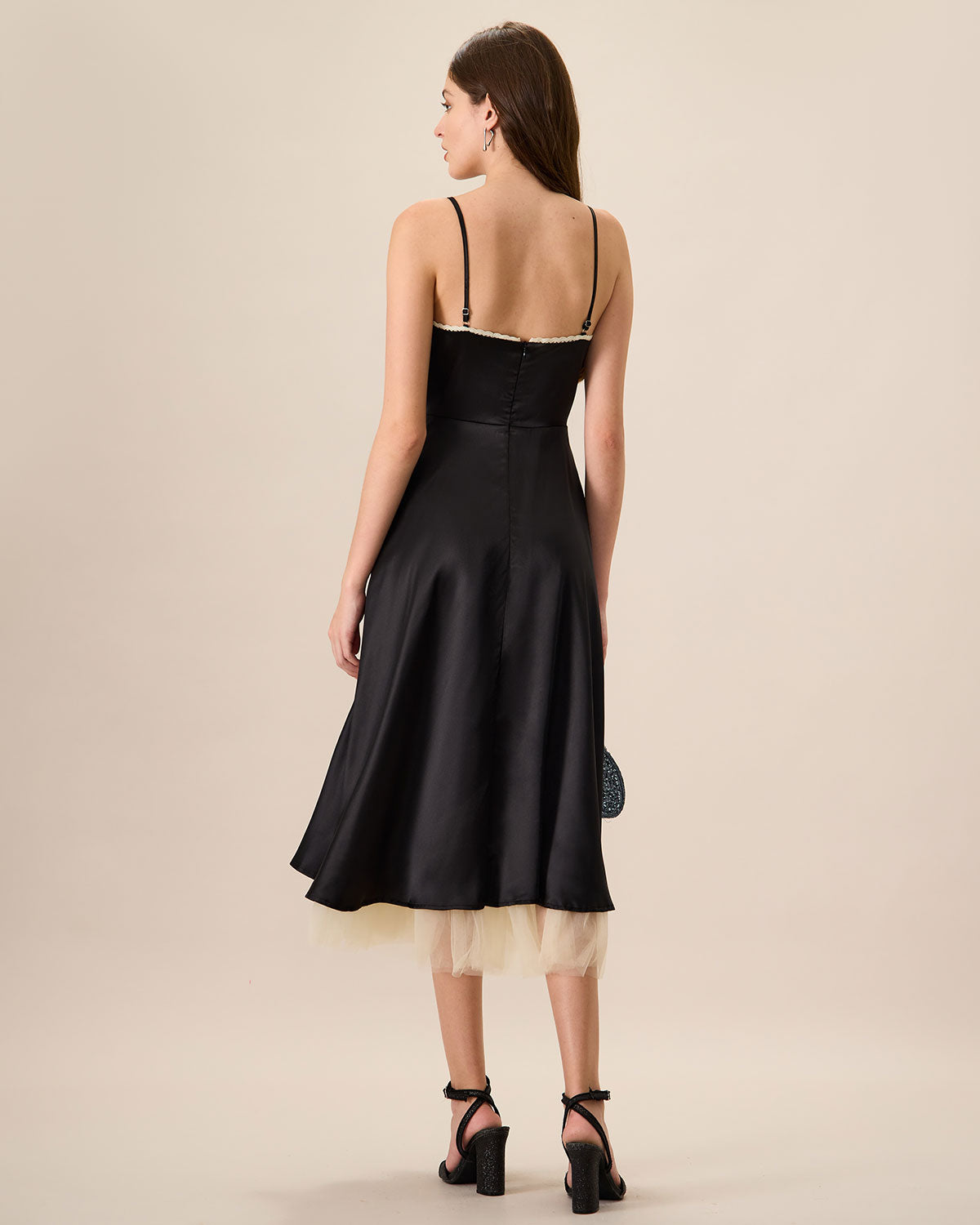 Sueña™ Kadın Siyah Ekleme Saten Slip Midi Elbise