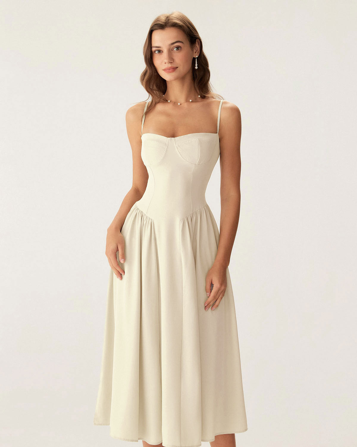 Sueña™ Bej Kare Yaka Cepli Slip Midi Elbise
