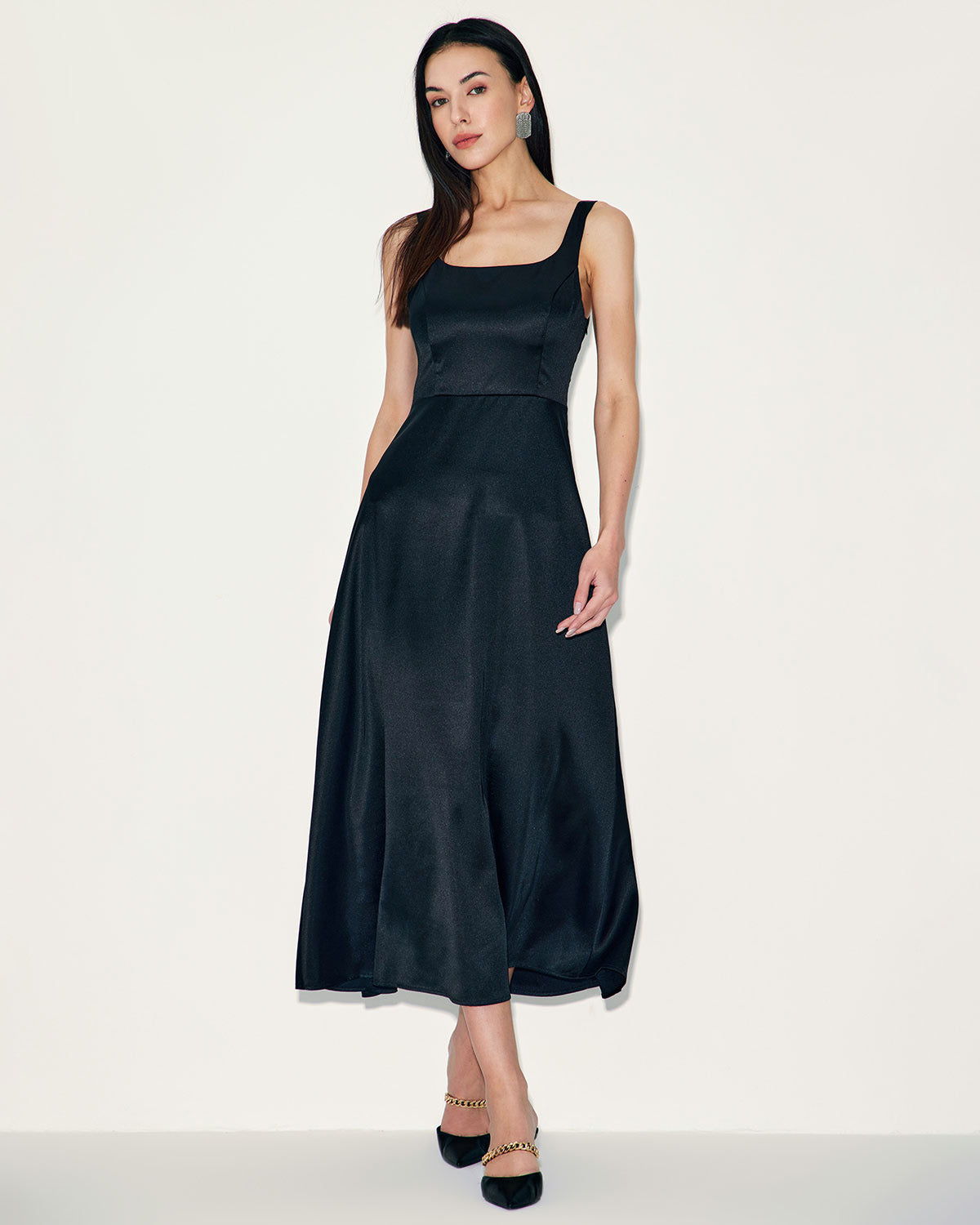 Sueña Siyah Saten A Kesim Slip Maxi Elbise