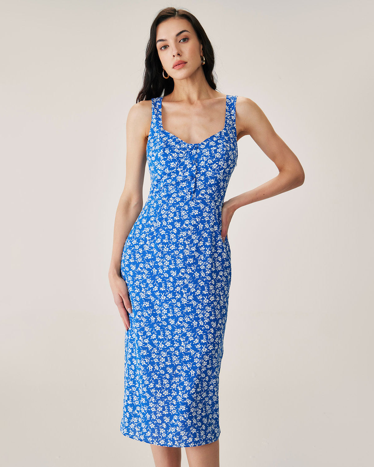 Sueña™ Mavi Çiçekli Yırtmaçlı Slip Midi Elbise