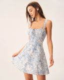 Sueña Mavi Çiçekli Dantelli Slip Korse Mini Elbise
