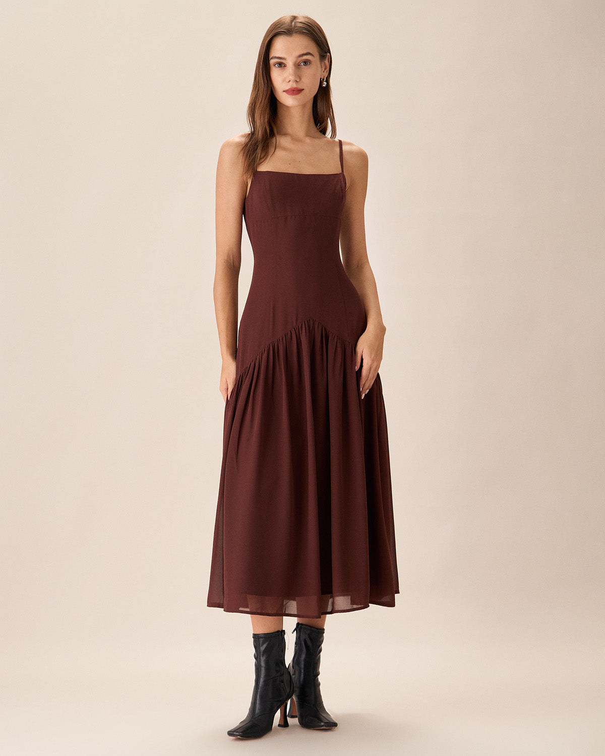 Sueña Kahverengi Şifon Dantelli Slip Midi Elbise