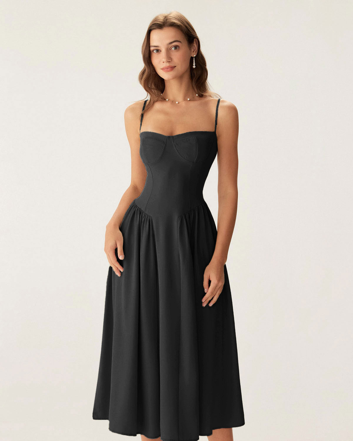 Sueña Siyah Kare Yaka Cepli Slip Midi Elbise