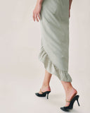 Sueña™ Yeşil Fırfırlı Yırtmaçlı Slip Maxi Elbise