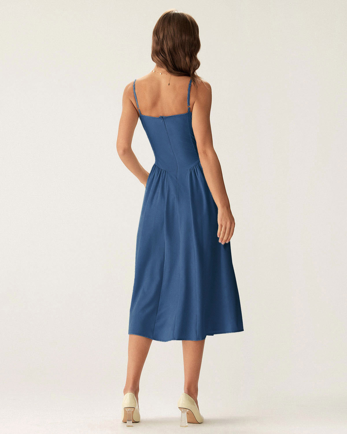 Sueña™ Lacivert Kare Yaka Cepli Slip Midi Elbise